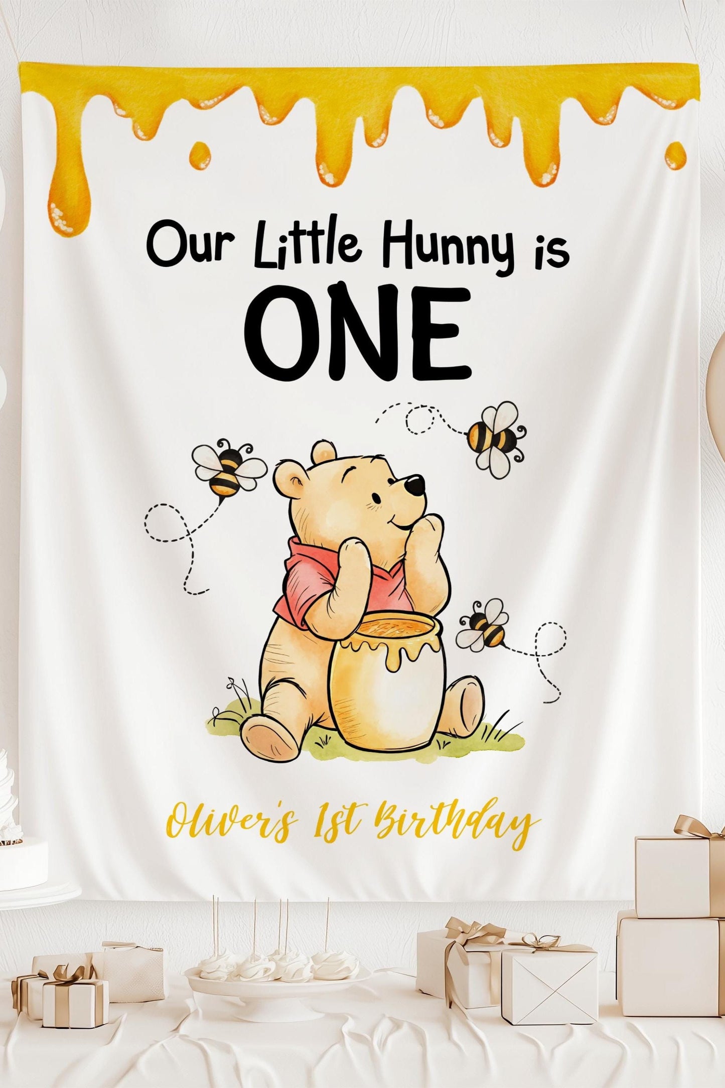 Our Little Hunny 1st Birthday Banner Little Hunny is Turning One Backdrop Winnie Birthday Decor Honey Bee Birthday Sign Classic Winnie - LAUMIANstudio