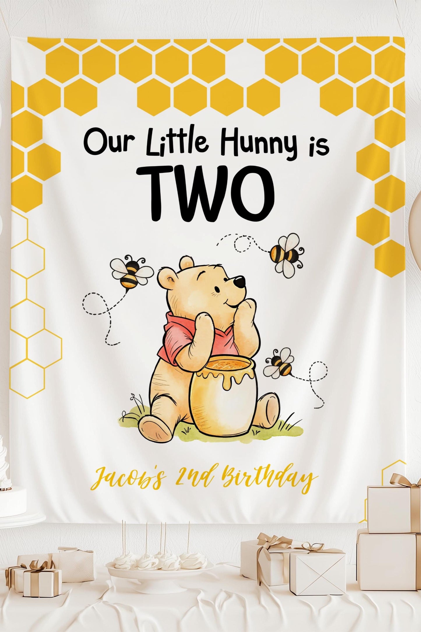 Classic Winnie is Two Banner Our Little Hunny is Turning 2 Birthday Backdrop Winnie the Pooh 2nd Birthday Banner Honey Bee Themed Party - LAUMIANstudio