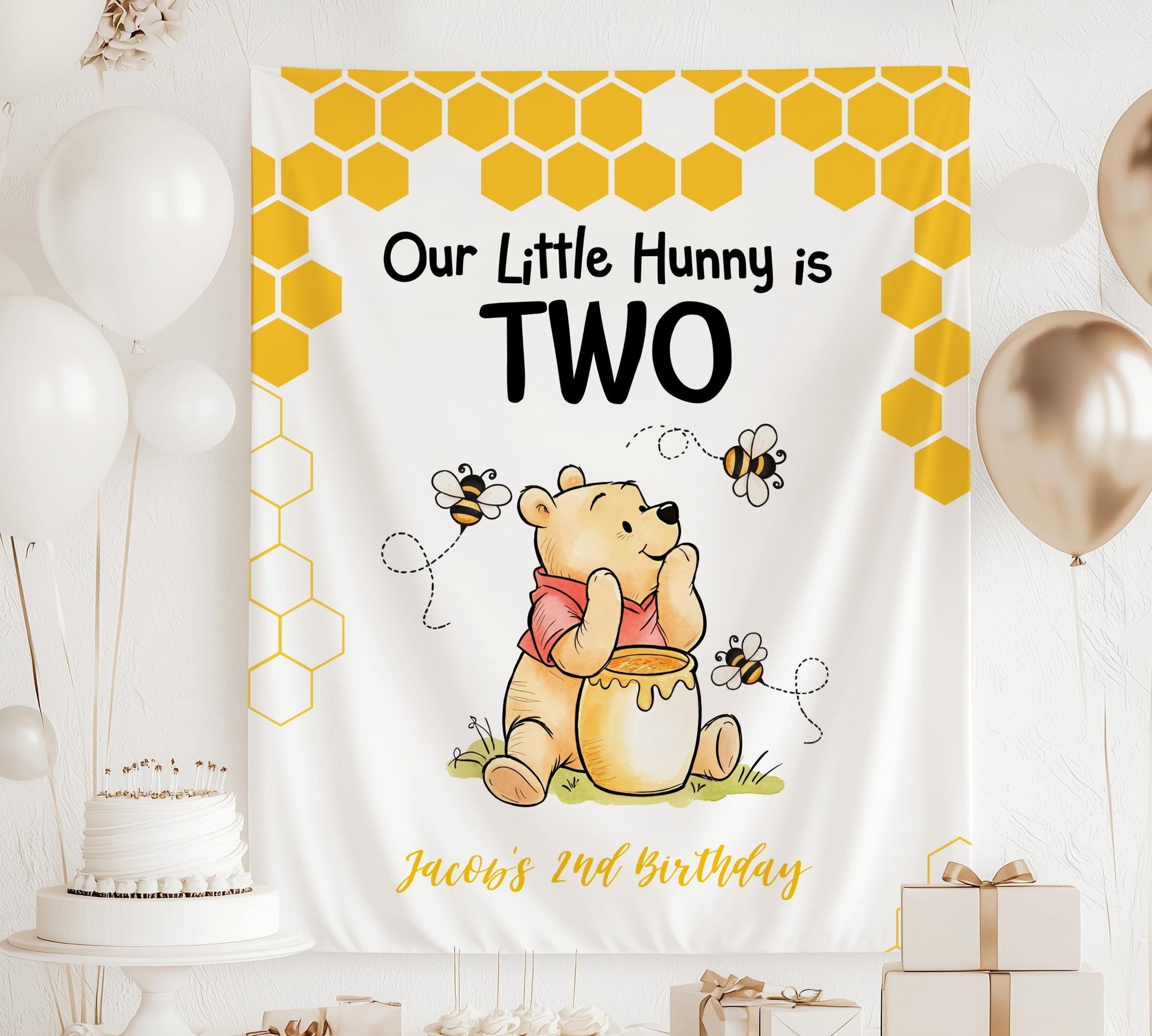Classic Winnie is Two Banner Our Little Hunny is Turning 2 Birthday Backdrop Winnie the Pooh 2nd Birthday Banner Honey Bee Themed Party - LAUMIANstudio