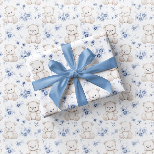 Teddy Bear Wrapping Paper Beary First Birthday Gift Wrap Plush Teddy Personalized Gift Paper It is a Boy Baby Shower Gift Wrapping Roll Blue - LAUMIANstudio