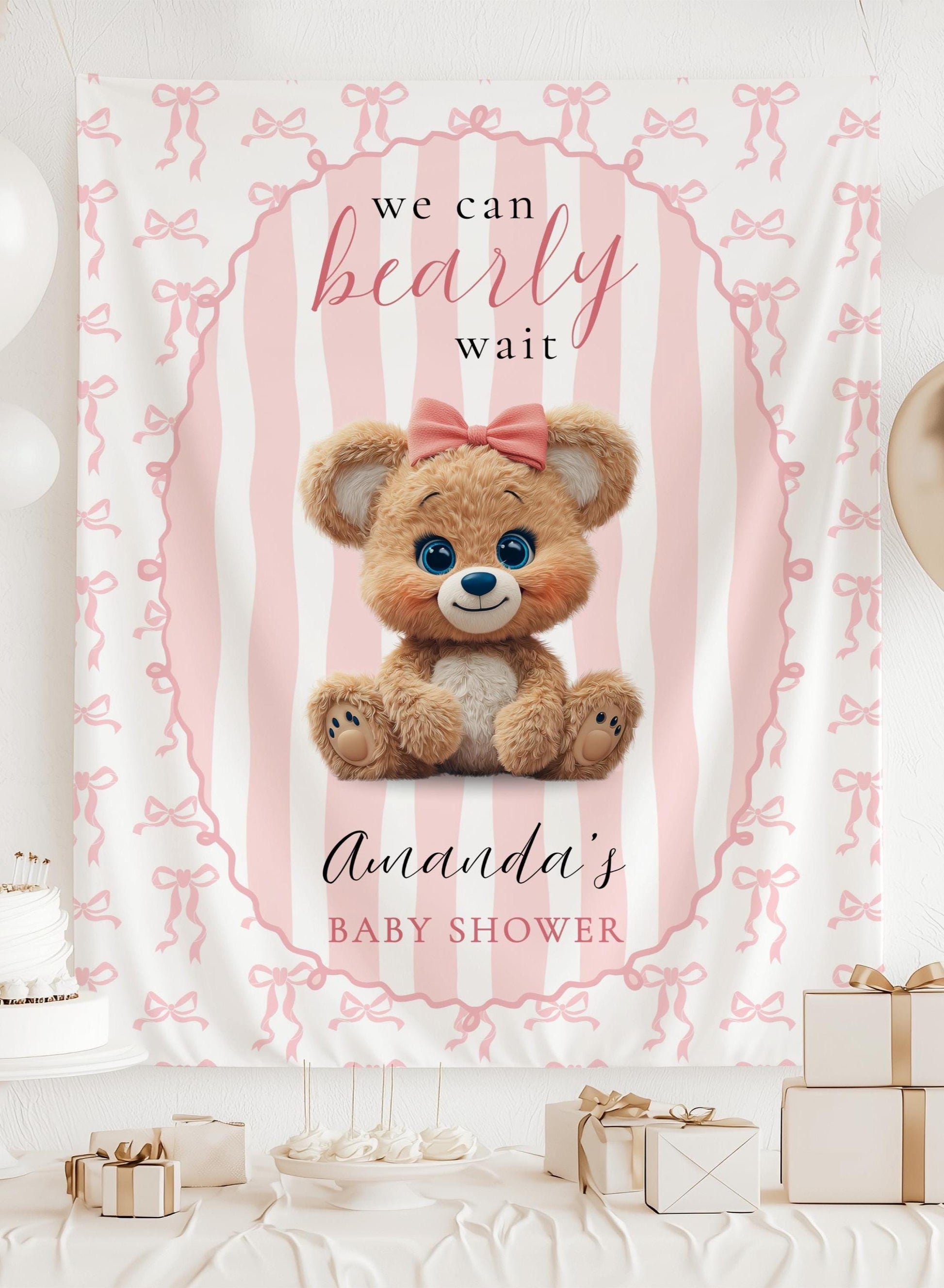 Pink We Can Bearly Wait Banner Teddy Bear Baby Shower Backdrop for Girl Teddy Baby Sprinkle Decor Pink Baby Girl Shower Decor Plush Teddy - LAUMIANstudio