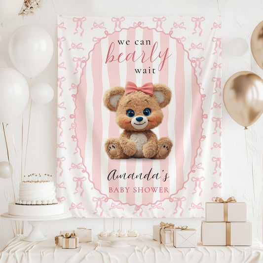 Blue Teddy Bear Banner We Can Bearly Wait Welcome Sign Plush Teddy Baby Shower Backdrop Personalized Boy Baby Sprinkle Teddy Wall Tapestry - LAUMIANstudio