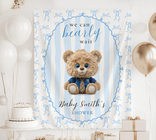 Blue Teddy Bear Banner We Can Bearly Wait Welcome Sign Plush Teddy Baby Shower Backdrop Personalized Boy Baby Sprinkle Teddy Wall Tapestry - LAUMIANstudio