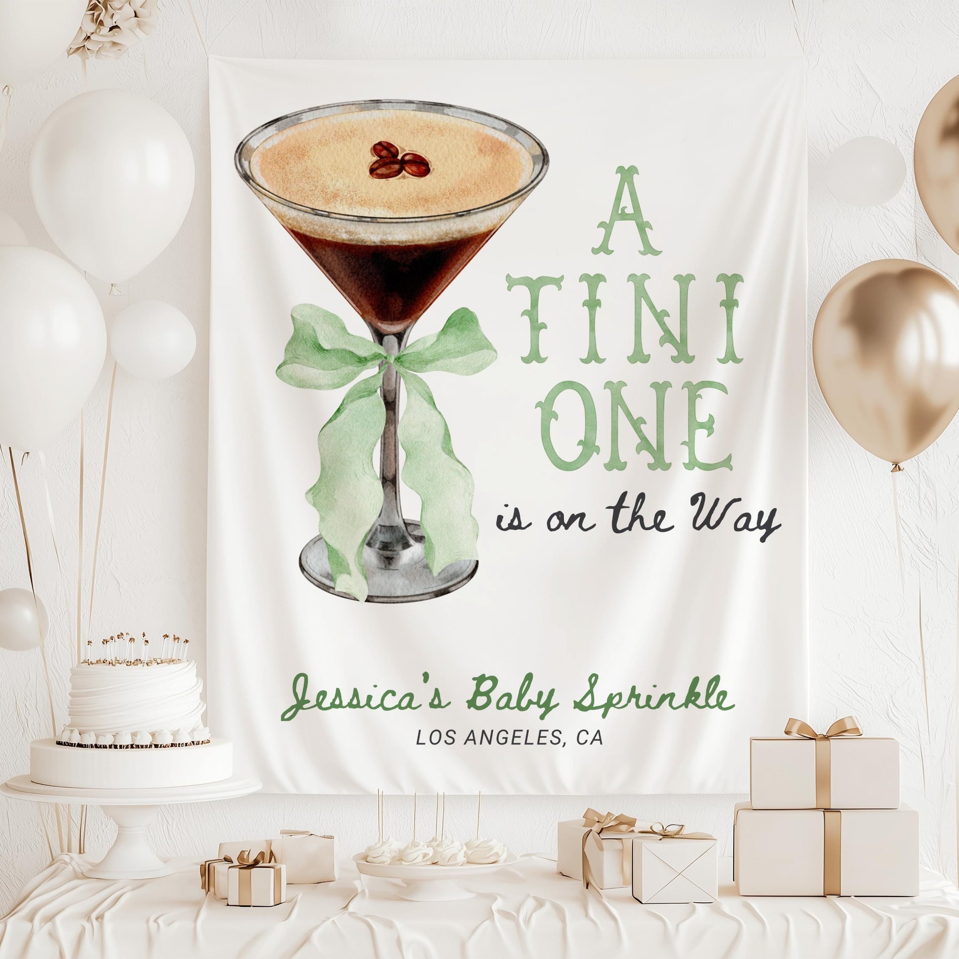 Tini One Baby Shower Banner Espresso Martini Baby Sprinkle Backdrop Cocktail with Pink Bow Baby Shower Decor Personalized Martini Tapestry - LAUMIANstudio