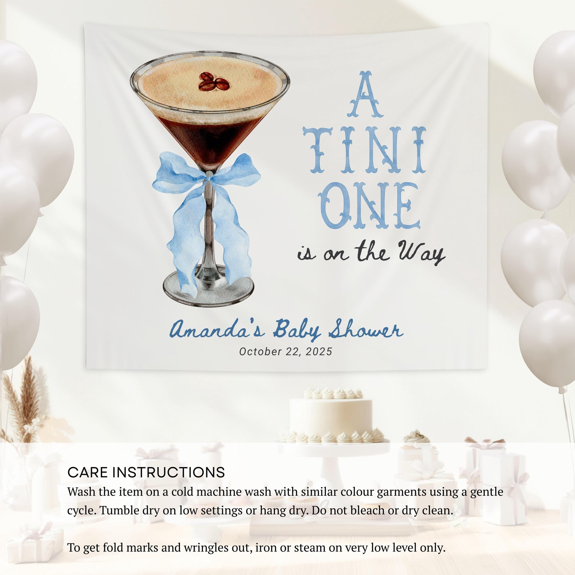 Tini One Baby Shower Banner Espresso Martini Baby Sprinkle Backdrop Cocktail with Pink Bow Baby Shower Decor Personalized Martini Tapestry - LAUMIANstudio