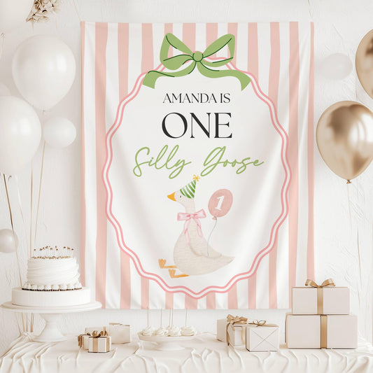 Silly Goose 2nd Birthday Backdrop ANY AGE Custom Name is Two Silly Birthday Decor Goose is 2 Welcome Sign Girl Second Birthday Backdrop - LAUMIANstudio