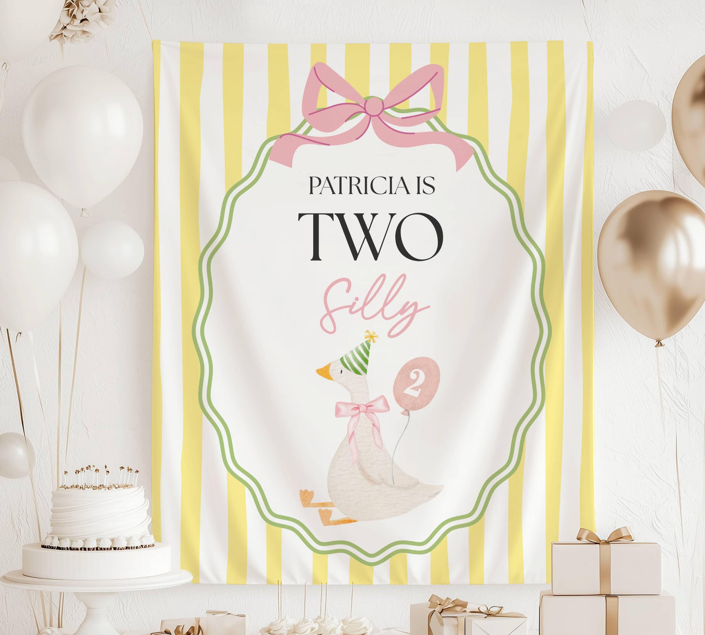 Silly Goose 2nd Birthday Backdrop ANY AGE Custom Name is Two Silly Birthday Decor Goose is 2 Welcome Sign Girl Second Birthday Backdrop - LAUMIANstudio