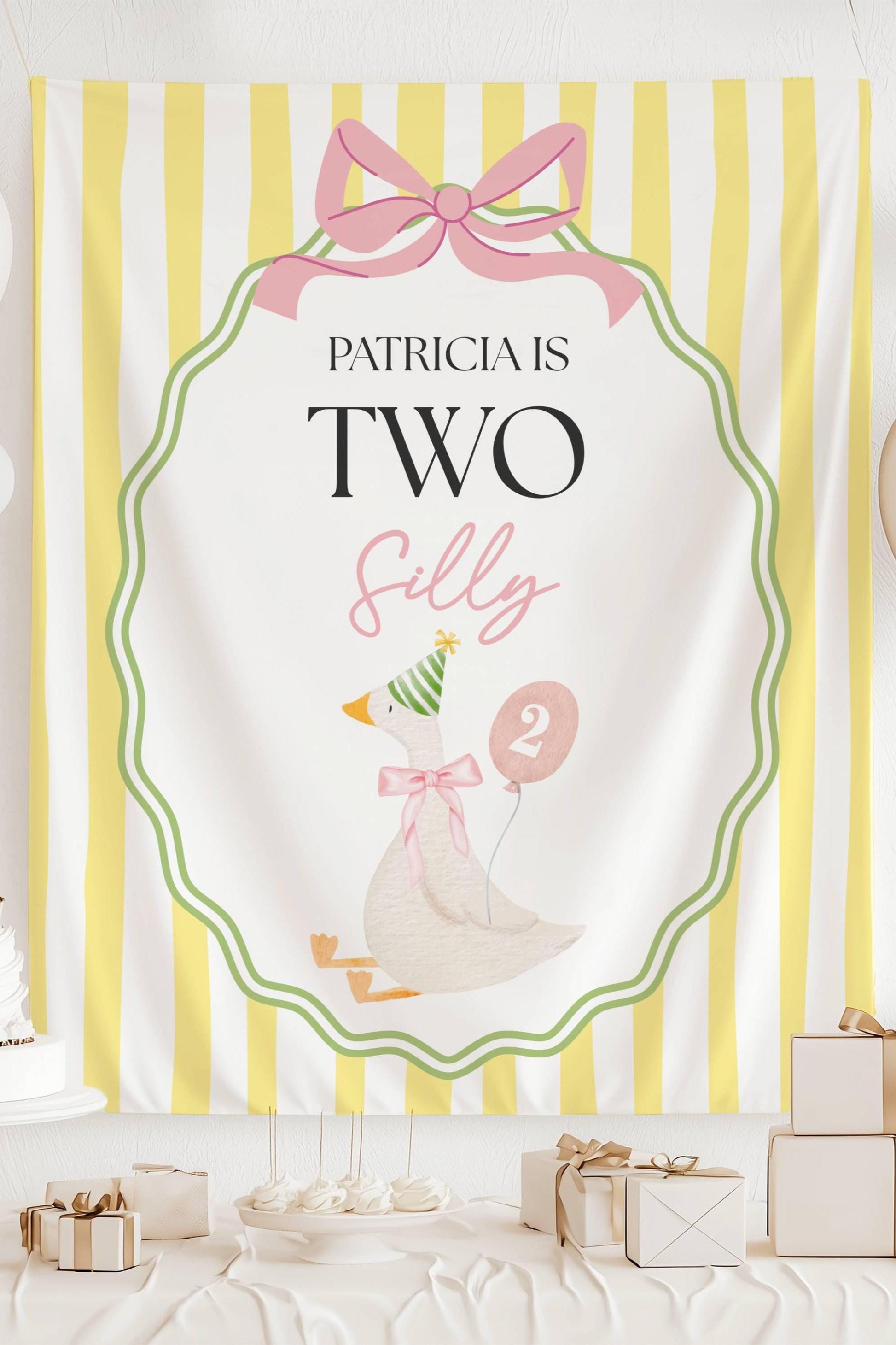 Silly Goose 2nd Birthday Backdrop ANY AGE Custom Name is Two Silly Birthday Decor Goose is 2 Welcome Sign Girl Second Birthday Backdrop - LAUMIANstudio