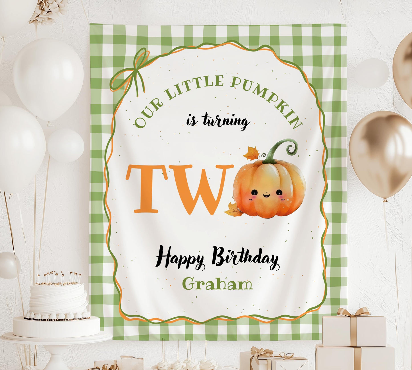 Pumpkin is Two Banner Fall Birthday Party Decor Autumn 2nd Birthday Backdrop Little Pumpkin is Turning Two Fabric Sign Second Birthday Decor - LAUMIANstudio