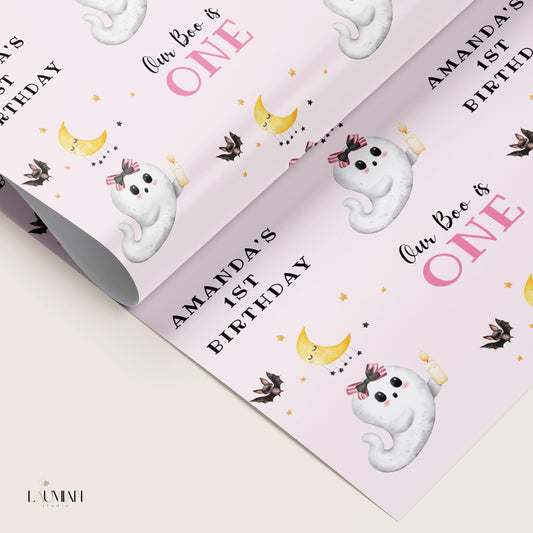 Pink Little Boo is ONE Gift Wrap Baby Girl Halloween Birthday Wrapping Paper Fall 1st Birthday Gift Paper Spooky Ghost Wrapping Paper Roll - LAUMIANstudio