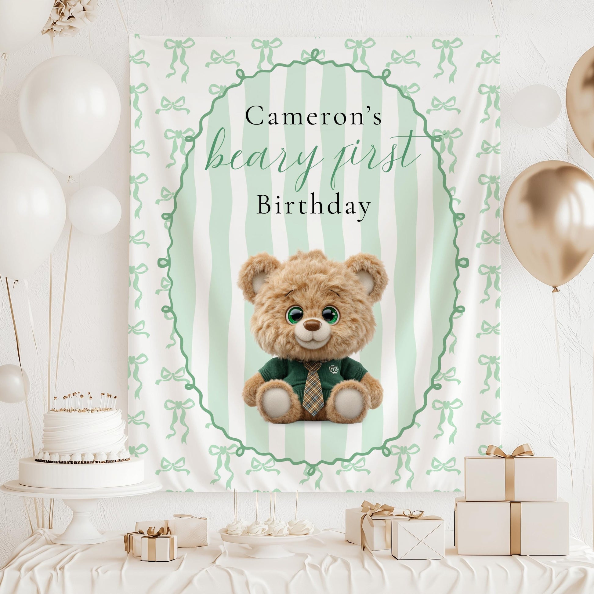 Beige Beary First Birthday Banner Teddy Bear Birthday Photo Backdrop Teddy 1st Birthday Wall Tapestry Beary First Birthday Welcome Sign - LAUMIANstudio
