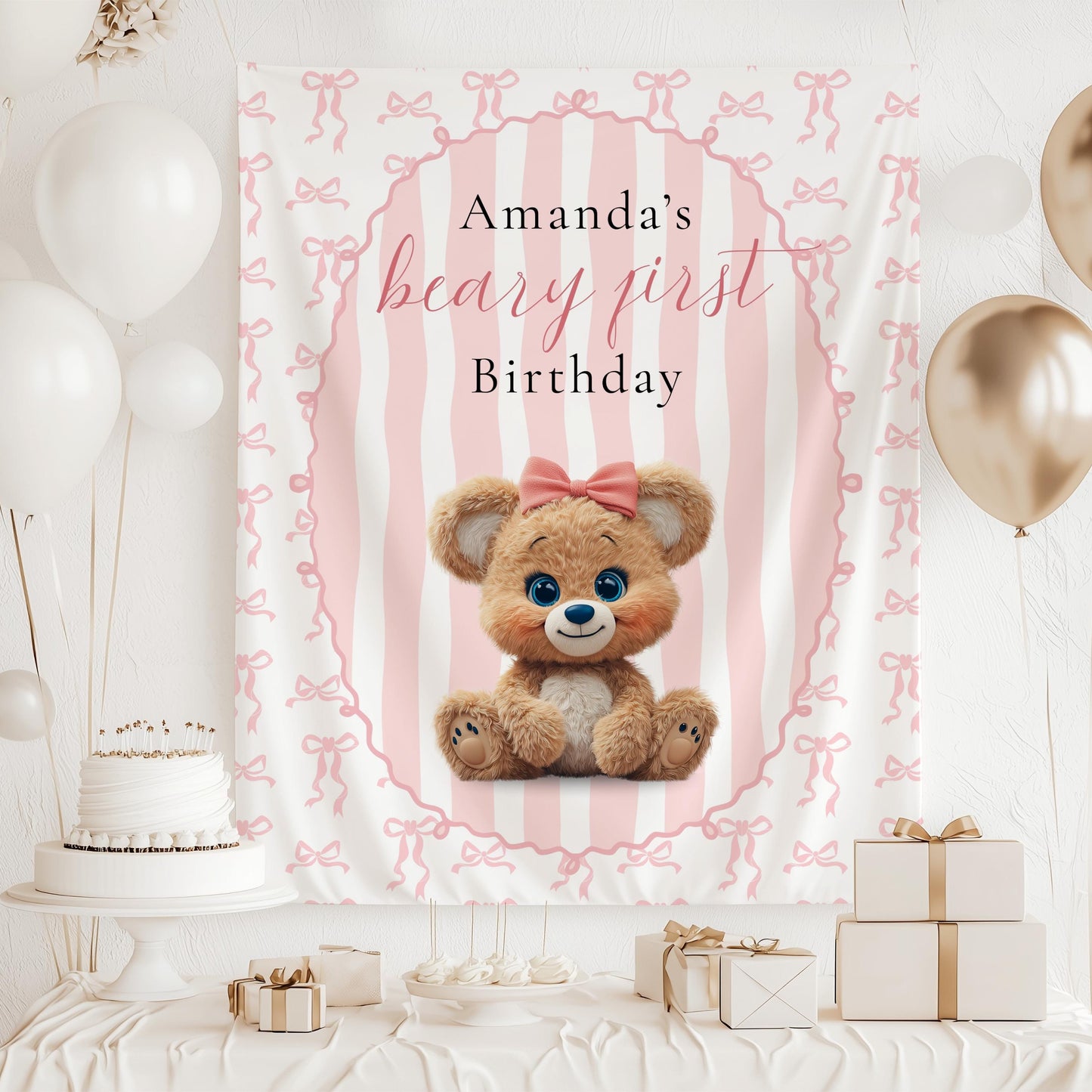 Beige Beary First Birthday Banner Teddy Bear Birthday Photo Backdrop Teddy 1st Birthday Wall Tapestry Beary First Birthday Welcome Sign - LAUMIANstudio