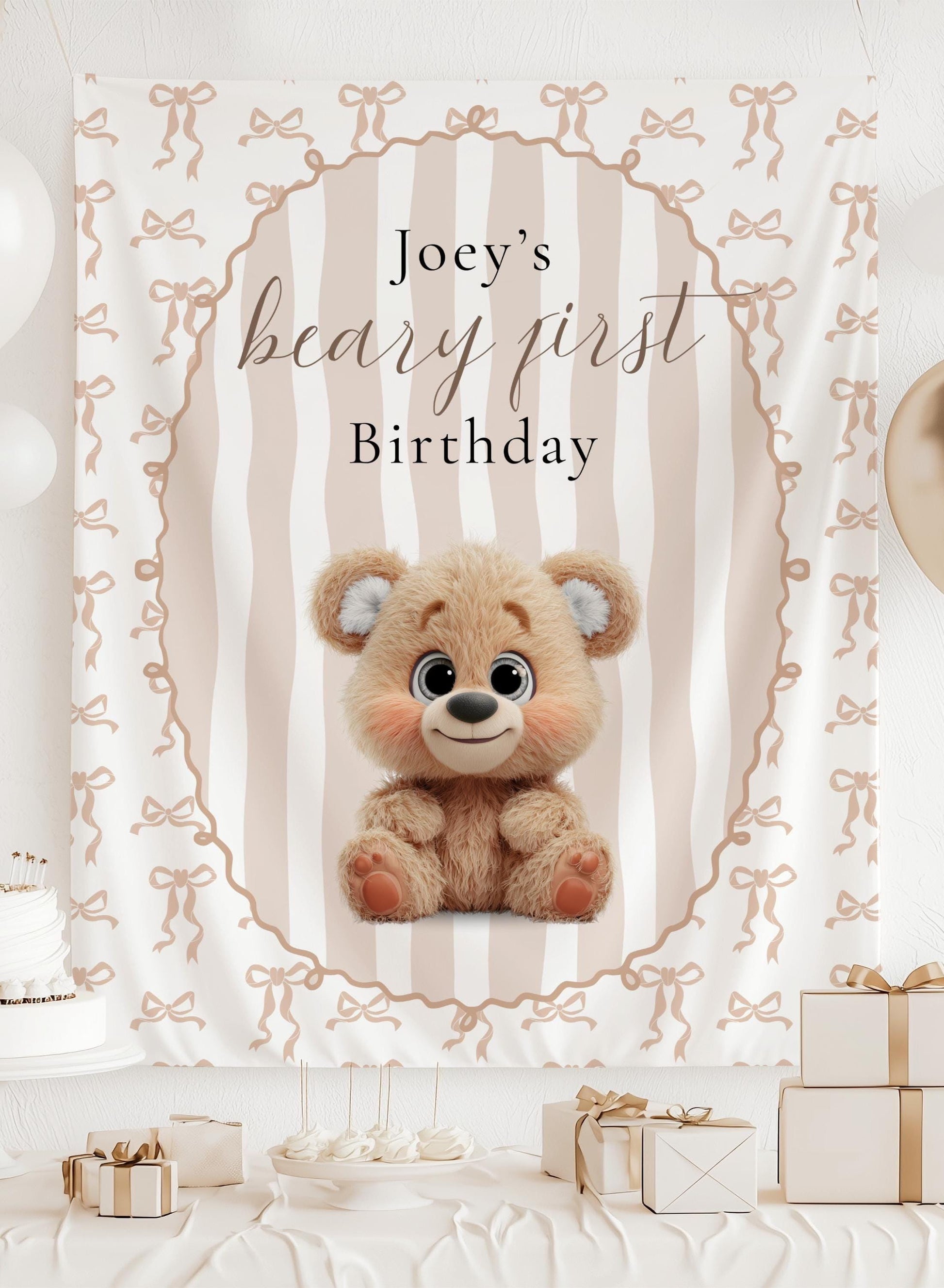 Beige Beary First Birthday Banner Teddy Bear Birthday Photo Backdrop Teddy 1st Birthday Wall Tapestry Beary First Birthday Welcome Sign - LAUMIANstudio