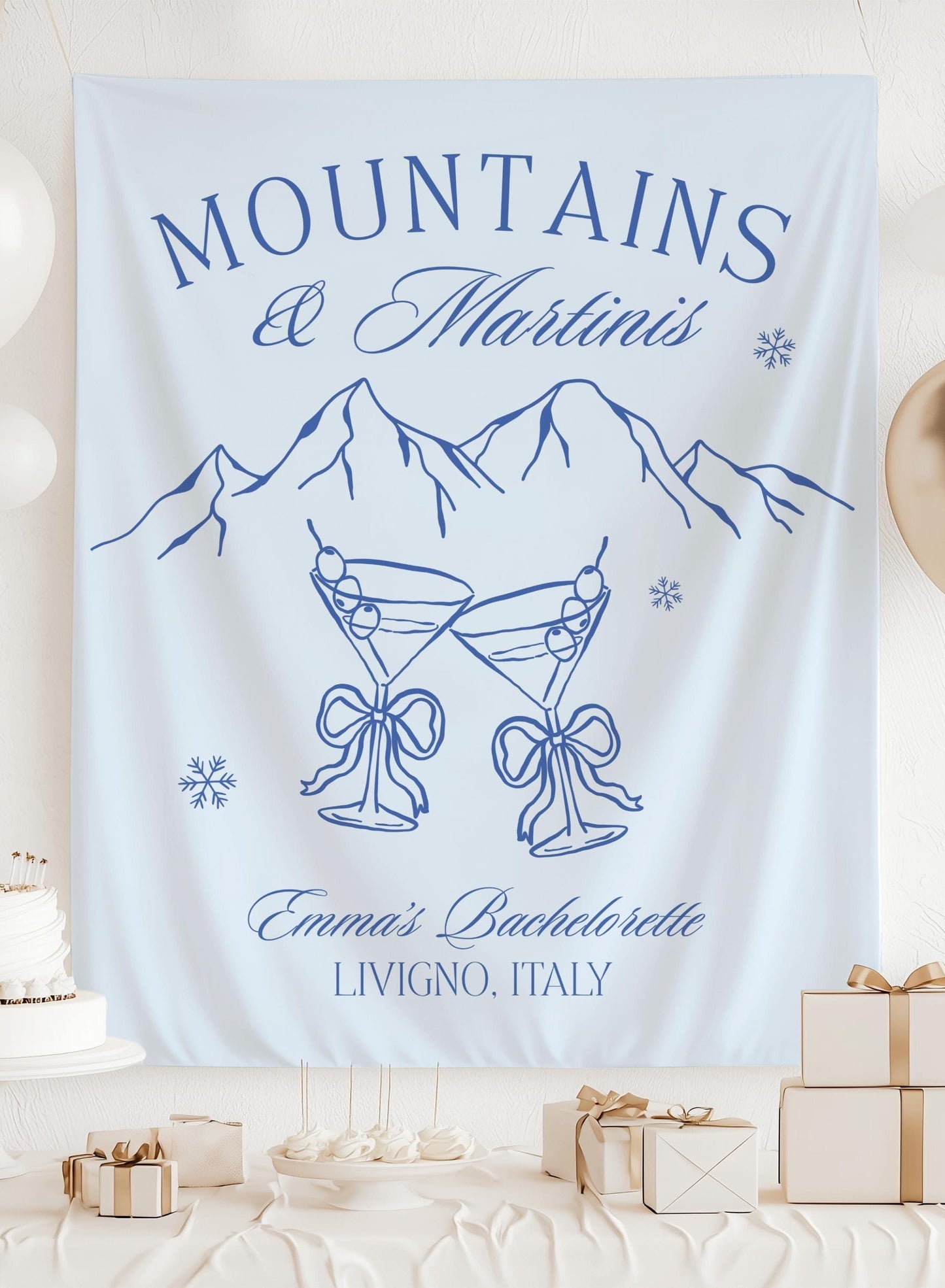 Winter Mountains Martini Banner Winter Bachelorette Party Theme Decor Snowflake Bridal Shower Backdrop Mountain Ski Bach Weekend Sign - LAUMIANstudio