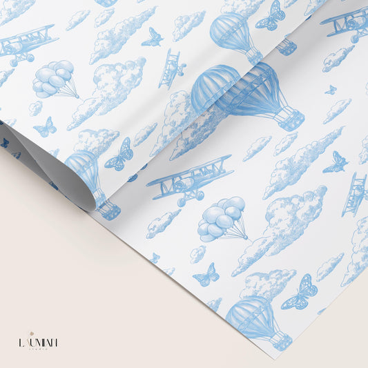 Blue Toile Hot Air Balloon Gift Wrap Chinoiserie Clouds Wrapping Paper Blue Baby Shower Gift Paper Aeroplane Gift Wrap Roll 1st Birthday - LAUMIANstudio