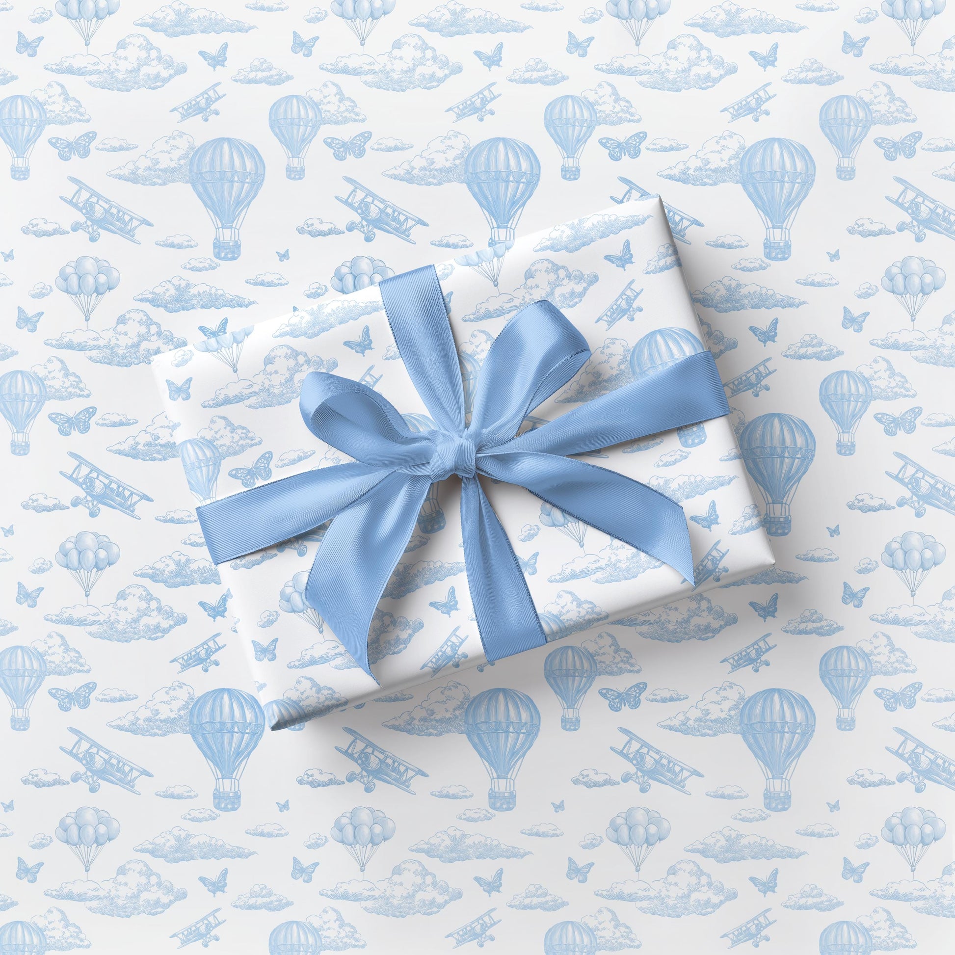 Blue Toile Hot Air Balloon Gift Wrap Chinoiserie Clouds Wrapping Paper Blue Baby Shower Gift Paper Aeroplane Gift Wrap Roll 1st Birthday - LAUMIANstudio