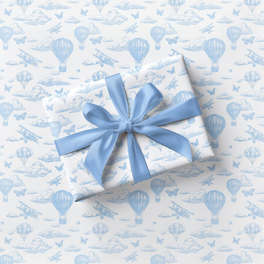 Blue Toile Hot Air Balloon Gift Wrap Chinoiserie Clouds Wrapping Paper Blue Baby Shower Gift Paper Aeroplane Gift Wrap Roll 1st Birthday - LAUMIANstudio
