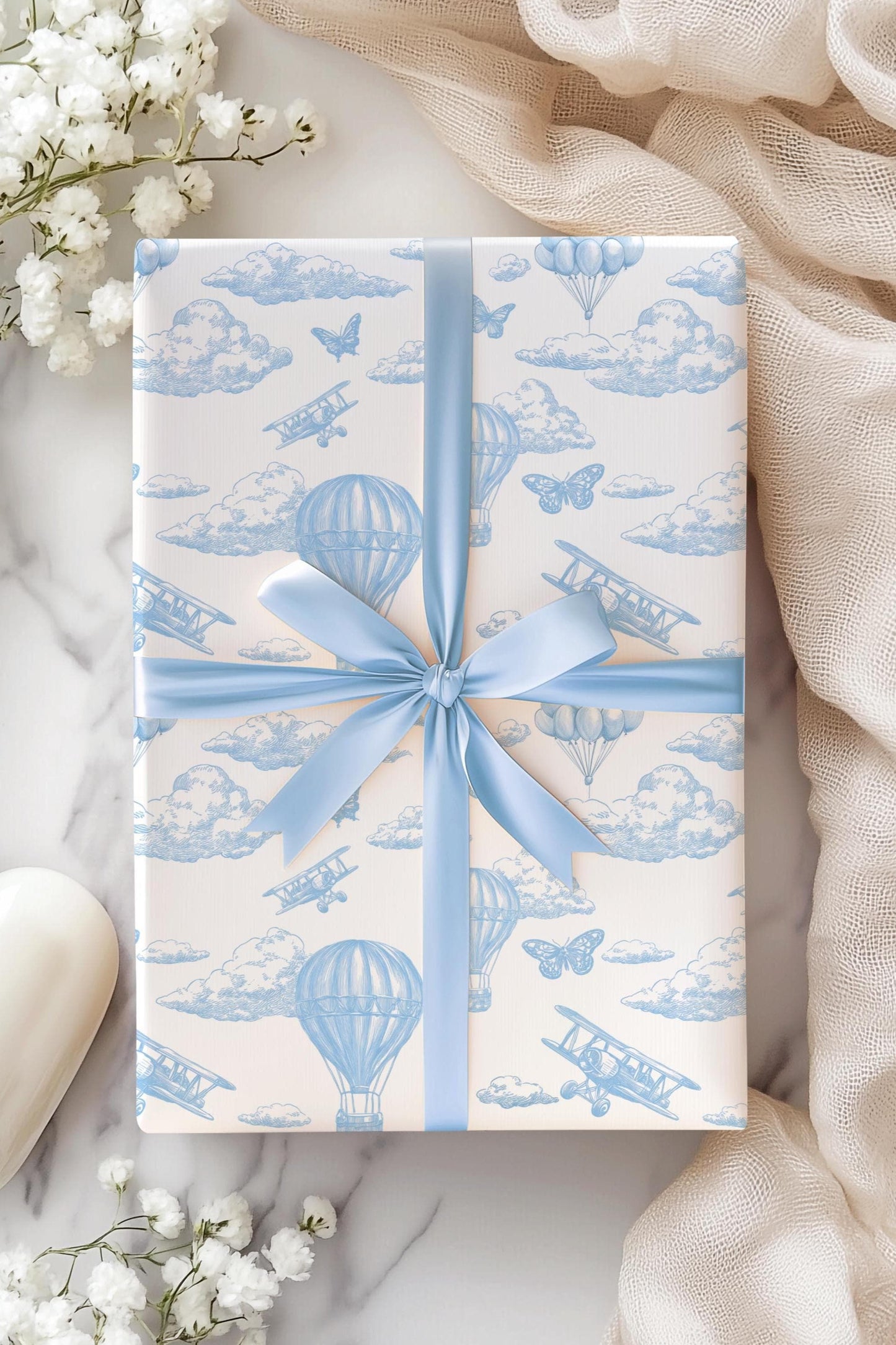 Blue Toile Hot Air Balloon Gift Wrap Chinoiserie Clouds Wrapping Paper Blue Baby Shower Gift Paper Aeroplane Gift Wrap Roll 1st Birthday - LAUMIANstudio