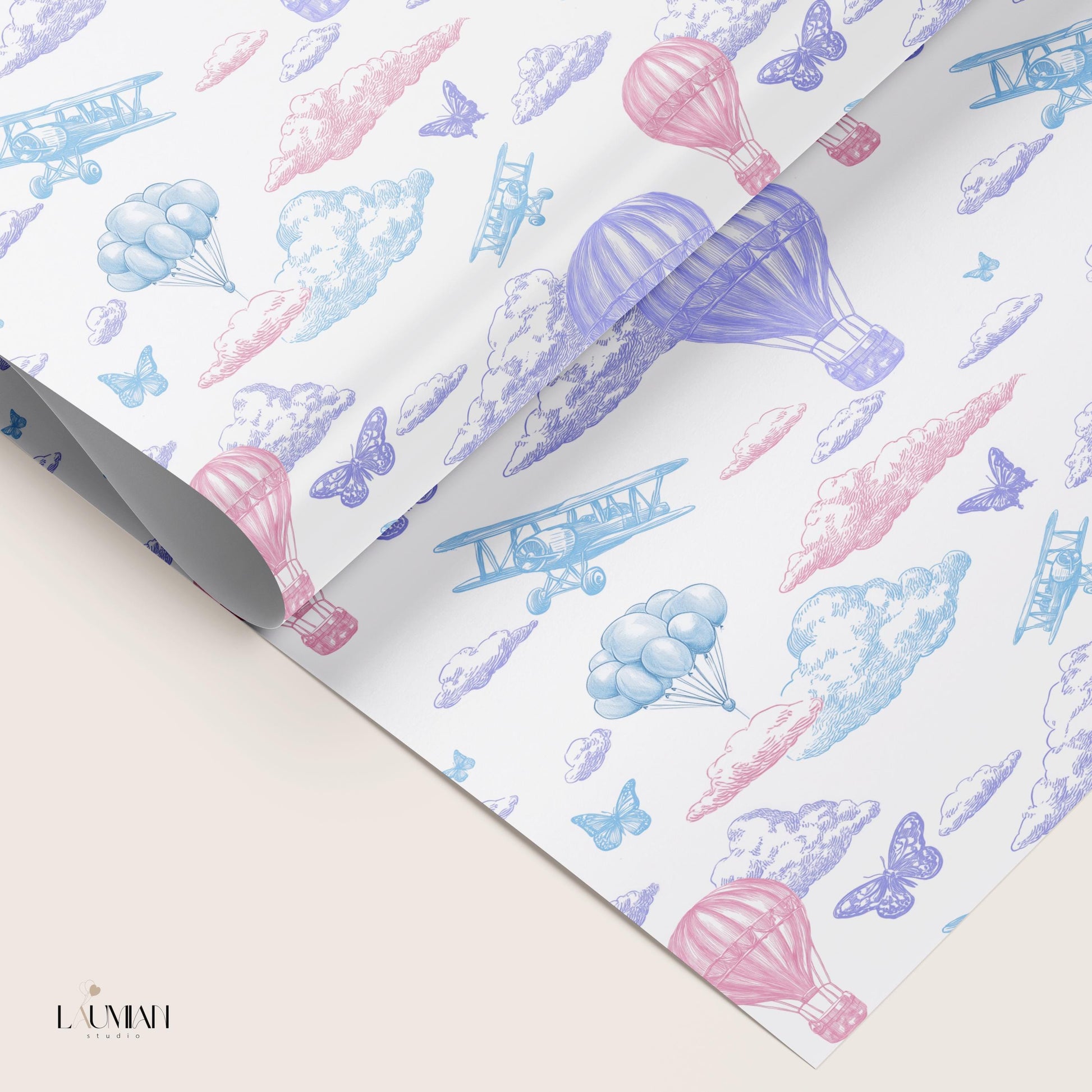 Colourful Sky Wrapping Paper Pink Purple Toile Gift Wrap Baby Girl 1st Birthday Gift Wrapping Elegant Gender Reveal Wrapping Paper Balloon - LAUMIANstudio