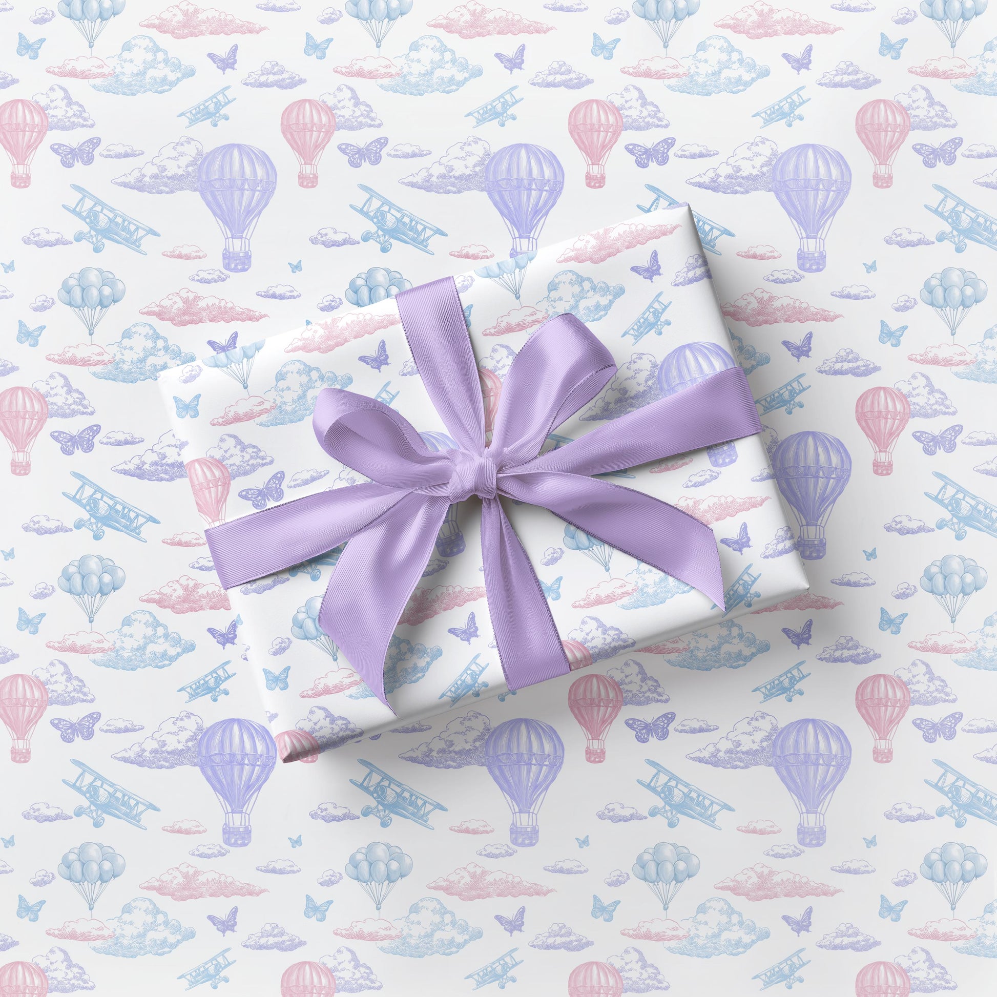 Colourful Sky Wrapping Paper Pink Purple Toile Gift Wrap Baby Girl 1st Birthday Gift Wrapping Elegant Gender Reveal Wrapping Paper Balloon - LAUMIANstudio