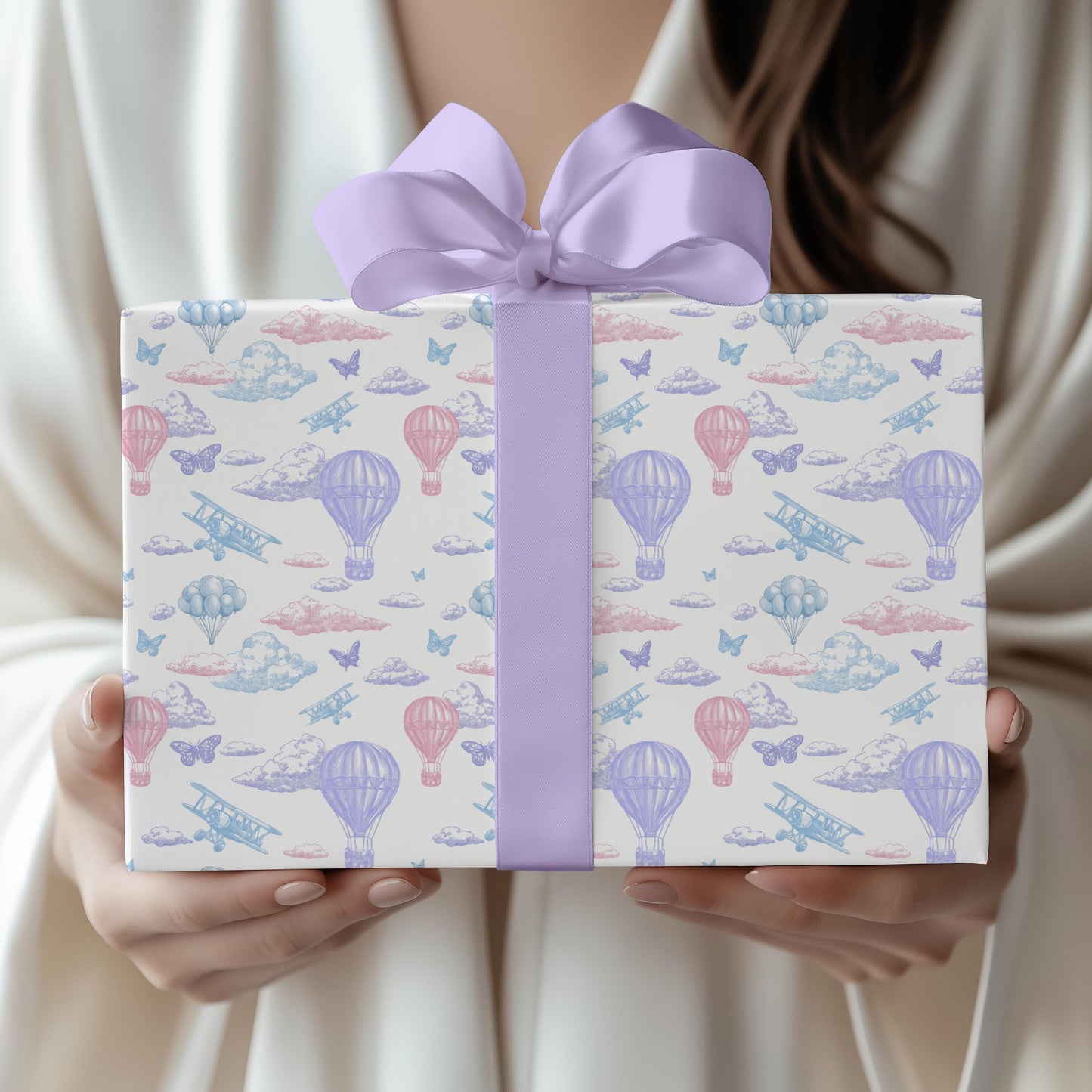 Colourful Sky Wrapping Paper Pink Purple Toile Gift Wrap Baby Girl 1st Birthday Gift Wrapping Elegant Gender Reveal Wrapping Paper Balloon - LAUMIANstudio