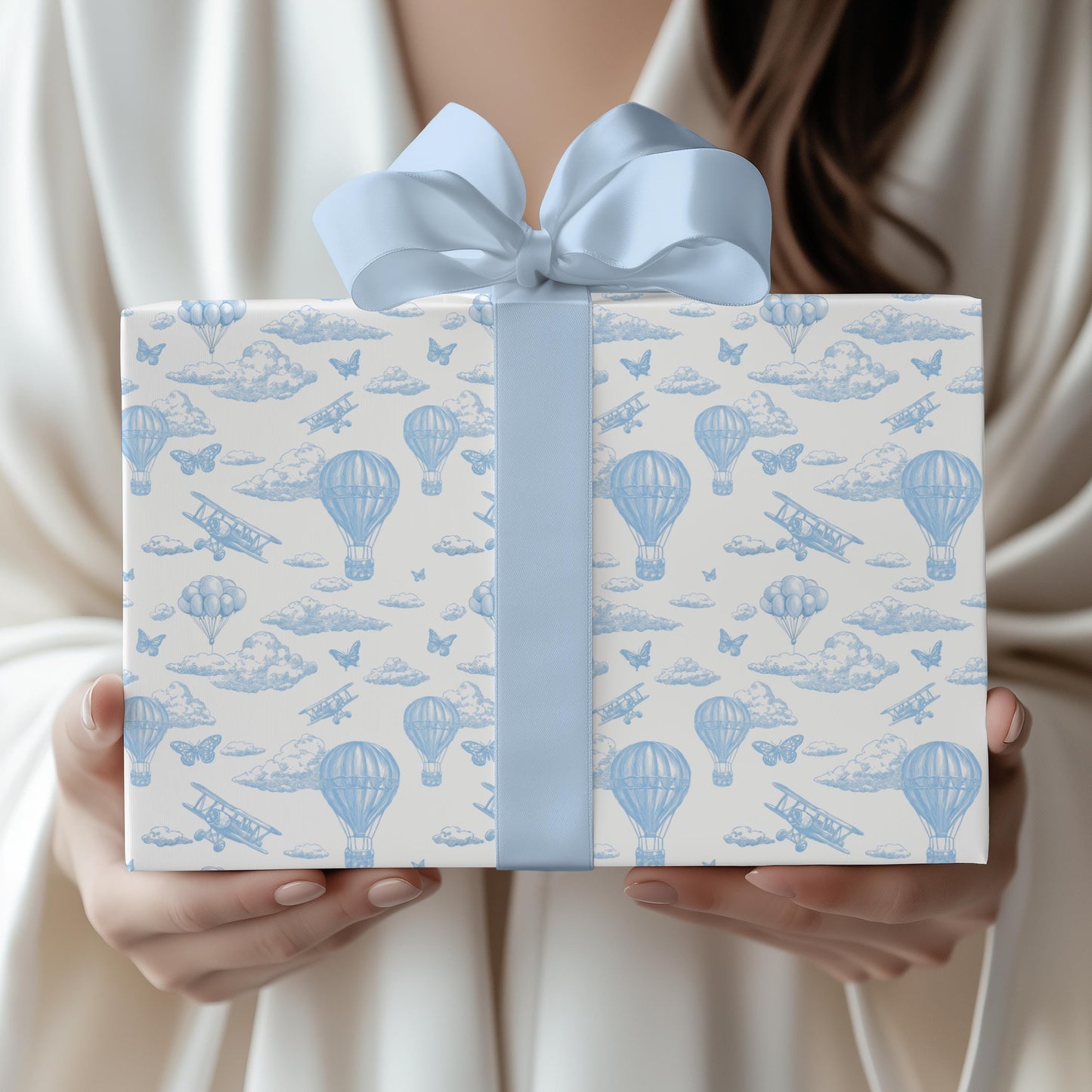 Blue Toile Hot Air Balloon Gift Wrap Chinoiserie Clouds Wrapping Paper Blue Baby Shower Gift Paper Aeroplane Gift Wrap Roll 1st Birthday - LAUMIANstudio
