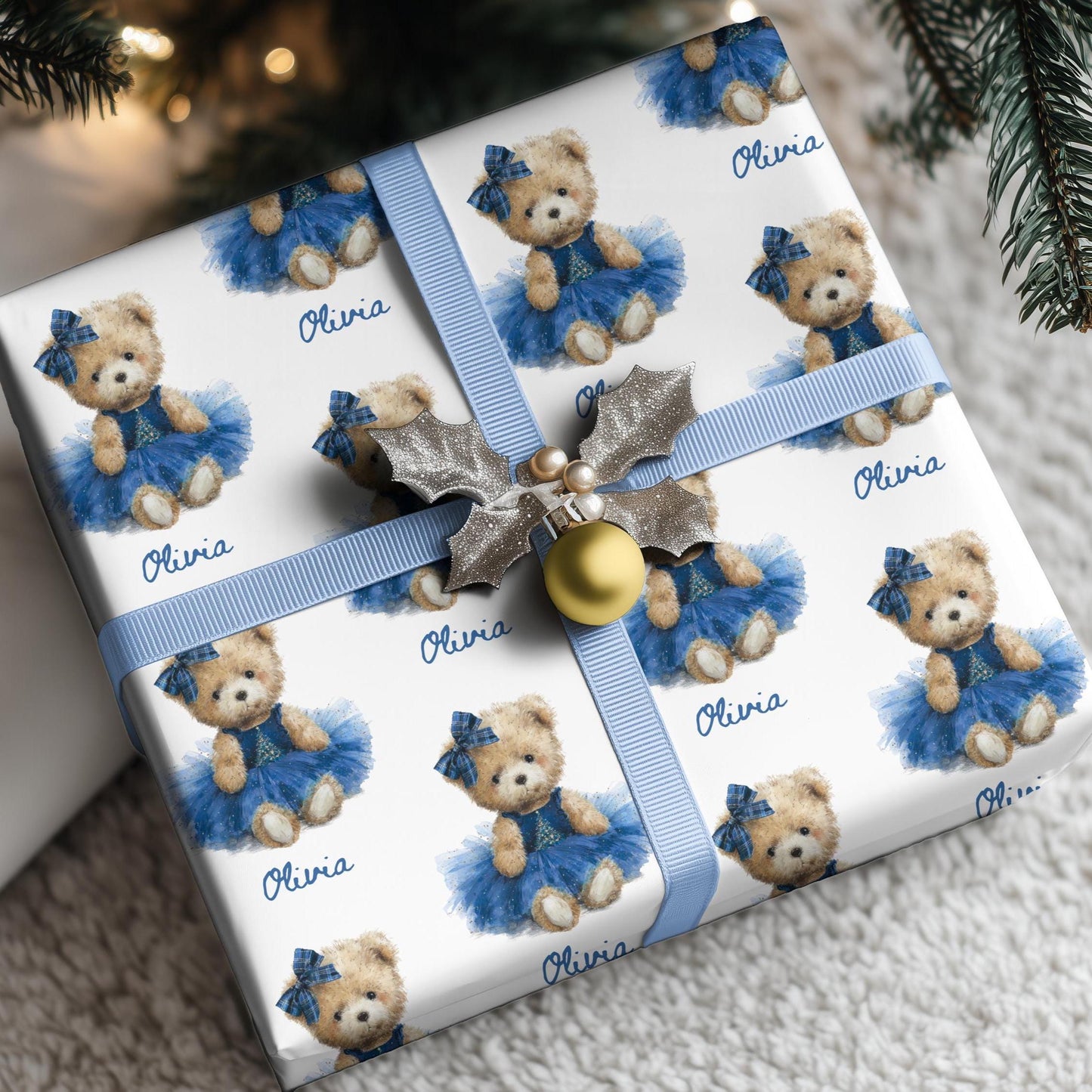 Teddy Christmas Gift Wrap for Girl Personalized Red Christmas Wrapping Paper Cute Teddy Red Dress Paper Roll Holiday Gift Wrap Granddaughter - LAUMIANstudio