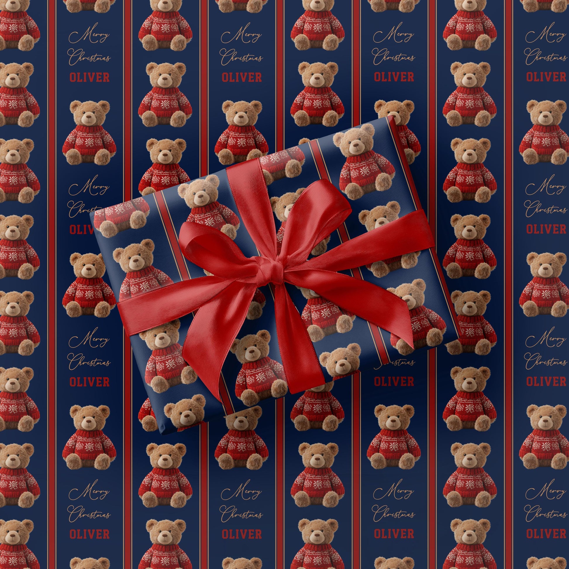 Teddy Bear Festive Wrapping Paper Teddy Christmas Children Gift Wrap Dressed Teddy Holiday Paper Roll Personalized Christmas Kid Gift Paper - LAUMIANstudio