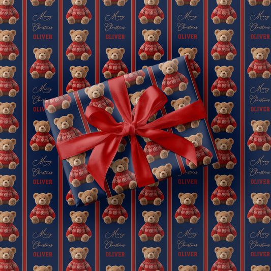 Teddy Bear Festive Wrapping Paper Teddy Christmas Children Gift Wrap Dressed Teddy Holiday Paper Roll Personalized Christmas Kid Gift Paper - LAUMIANstudio