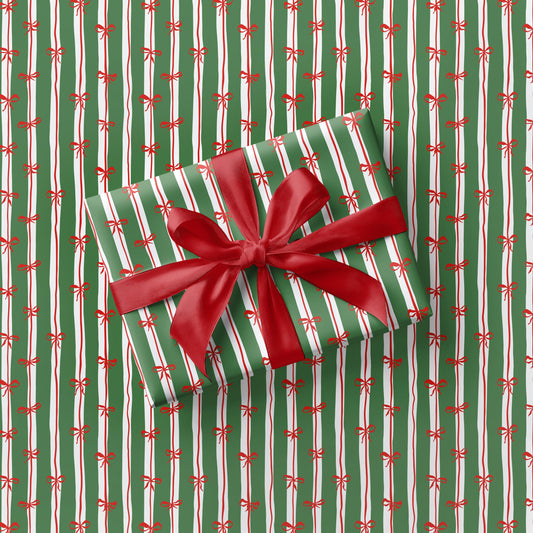 Green Red Festive Striped Wrapping paper Luxury Red Bow Christmas Gift Wrap Green Striped Wrapping Paper Roll Holiday Striped Gift Wrap - LAUMIANstudio