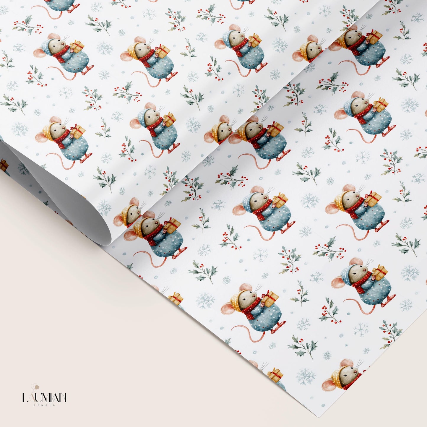 Cute Santa Mouse Wrapping Paper Christmas Mouse Gift Wrap Watercolor Winter Baby Shower Wrapping Paper Roll Christmas Children Wrapping - LAUMIANstudio