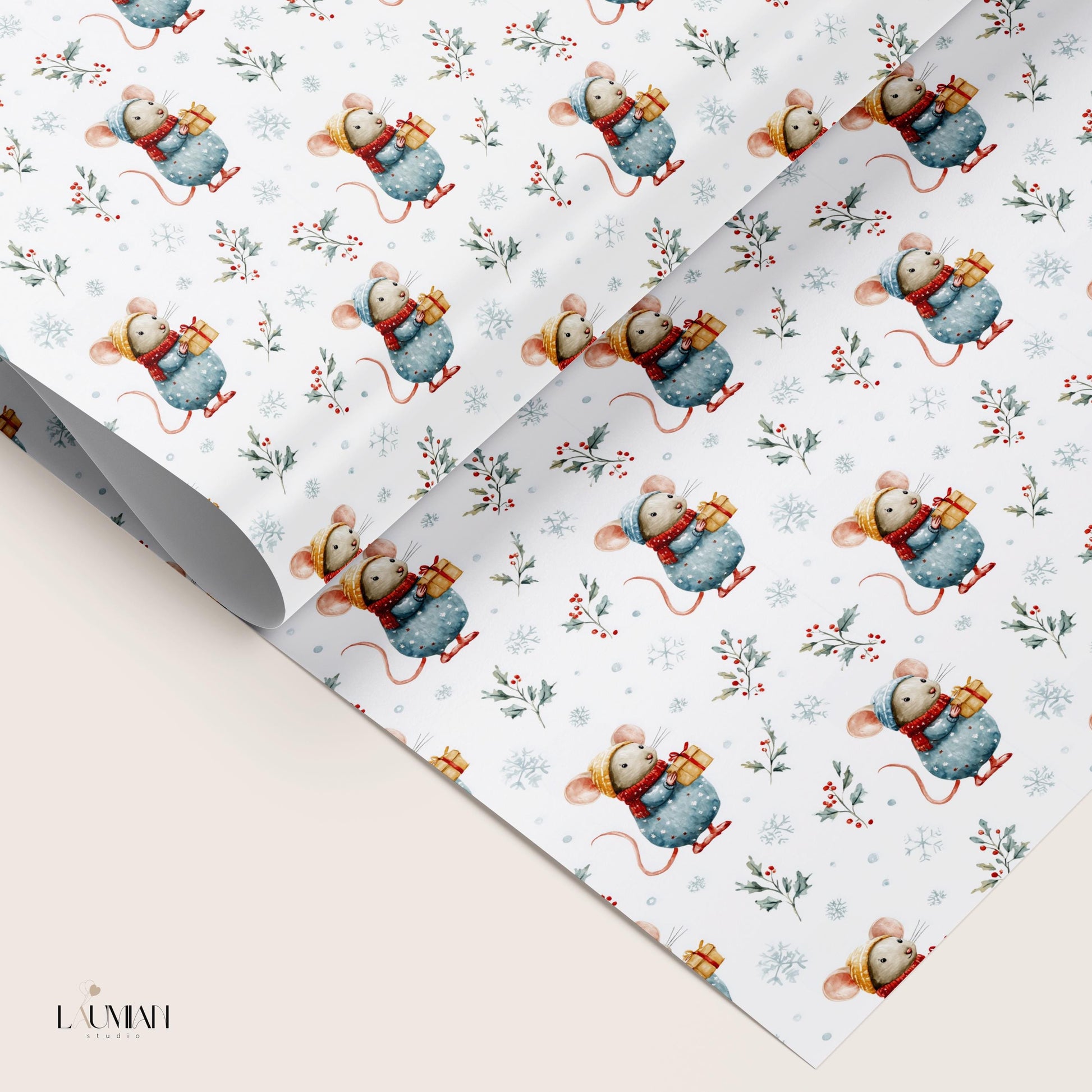 Cute Santa Mouse Wrapping Paper Christmas Mouse Gift Wrap Watercolor Winter Baby Shower Wrapping Paper Roll Christmas Children Wrapping - LAUMIANstudio