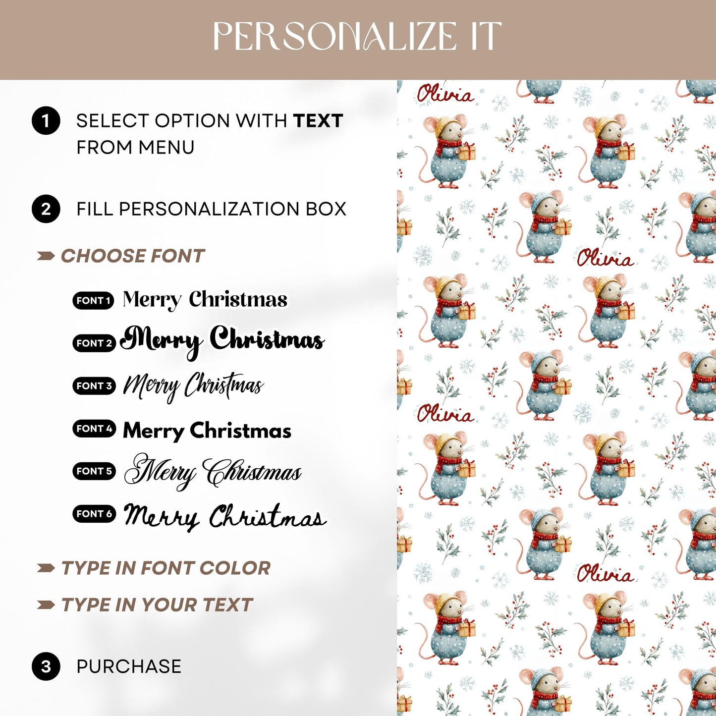 Cute Santa Mouse Wrapping Paper Christmas Mouse Gift Wrap Watercolor Winter Baby Shower Wrapping Paper Roll Christmas Children Wrapping - LAUMIANstudio