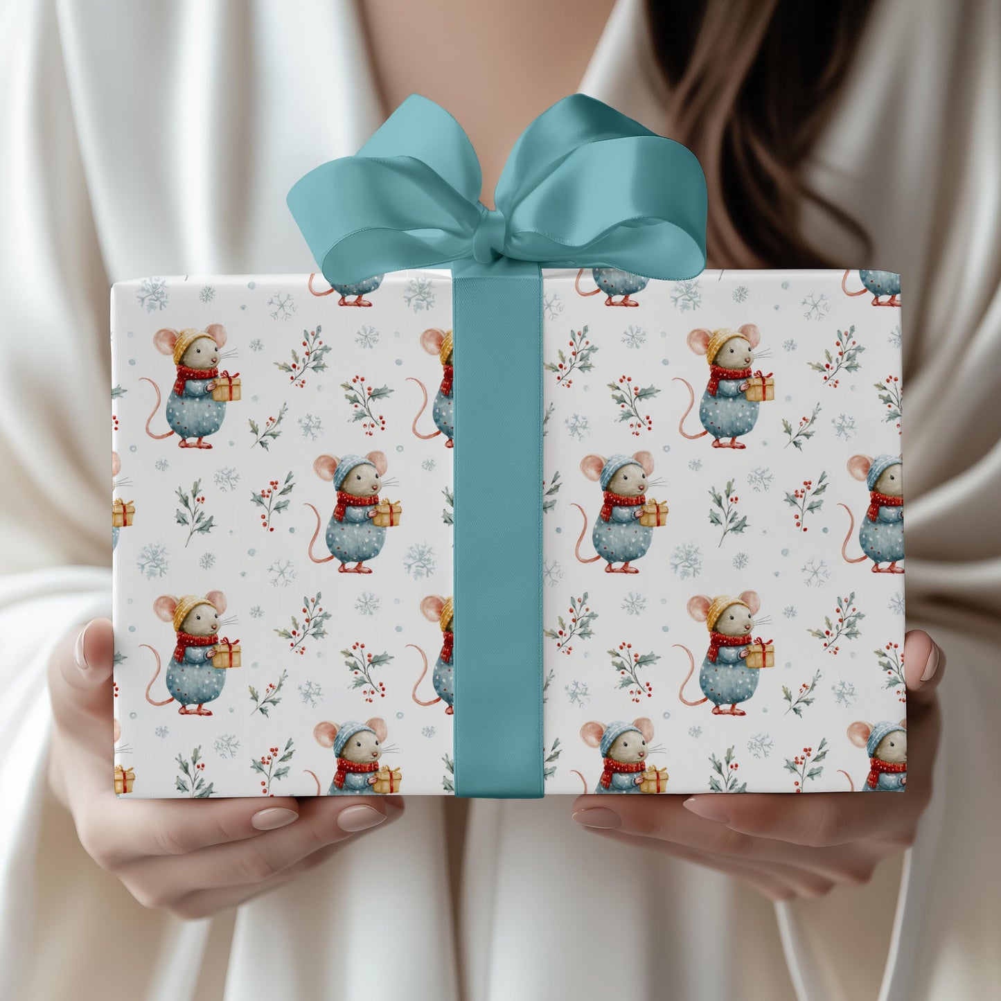 Cute Santa Mouse Wrapping Paper Christmas Mouse Gift Wrap Watercolor Winter Baby Shower Wrapping Paper Roll Christmas Children Wrapping - LAUMIANstudio
