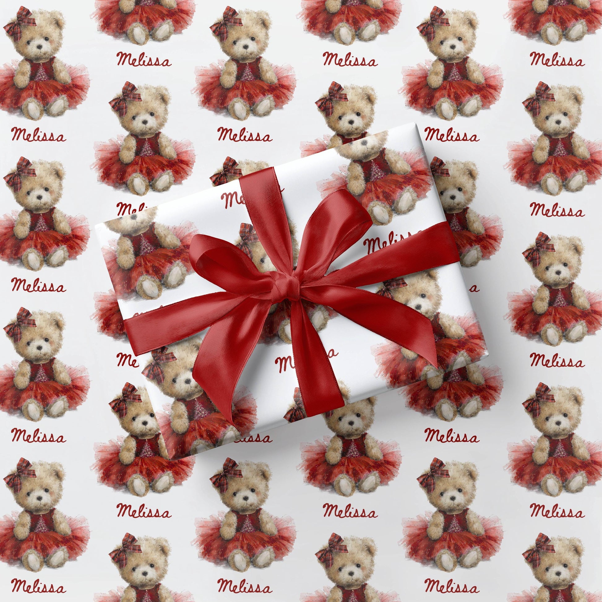 Teddy Christmas Gift Wrap for Girl Personalized Red Christmas Wrapping Paper Cute Teddy Red Dress Paper Roll Holiday Gift Wrap Granddaughter - LAUMIANstudio