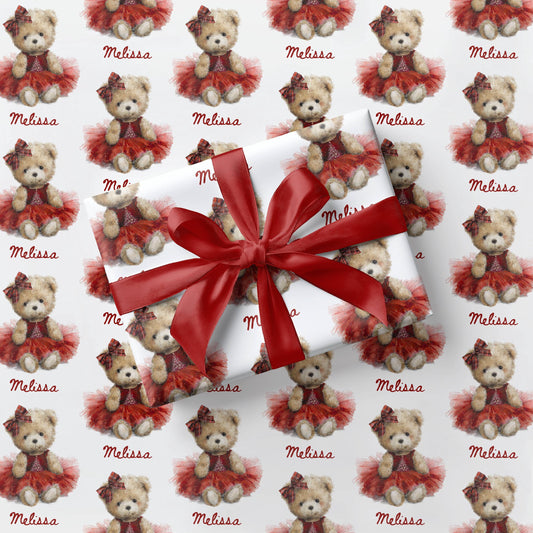 Teddy Christmas Gift Wrap for Girl Personalized Red Christmas Wrapping Paper Cute Teddy Red Dress Paper Roll Holiday Gift Wrap Granddaughter - LAUMIANstudio