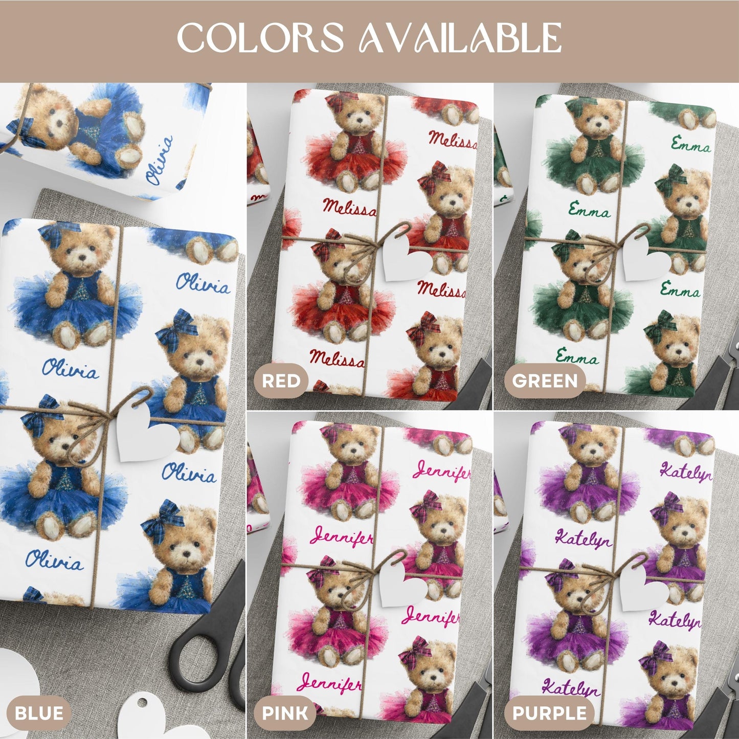 Teddy Christmas Gift Wrap for Girl Personalized Red Christmas Wrapping Paper Cute Teddy Red Dress Paper Roll Holiday Gift Wrap Granddaughter - LAUMIANstudio