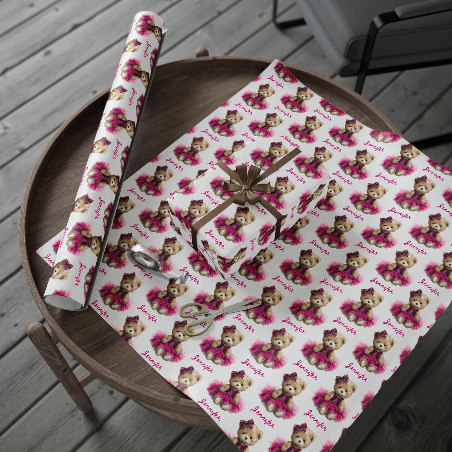 Teddy Christmas Gift Wrap for Girl Personalized Red Christmas Wrapping Paper Cute Teddy Red Dress Paper Roll Holiday Gift Wrap Granddaughter - LAUMIANstudio