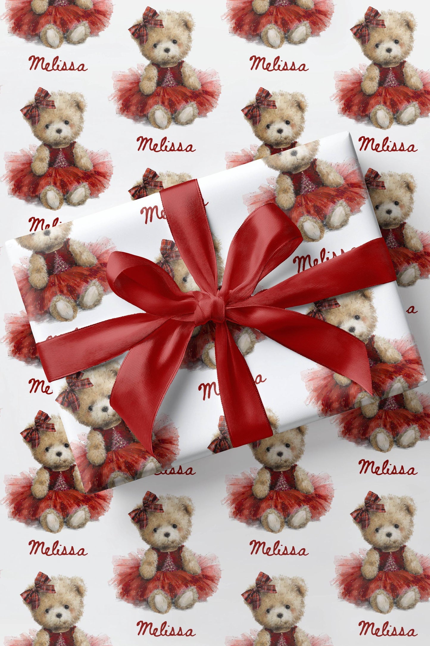 Teddy Christmas Gift Wrap for Girl Personalized Red Christmas Wrapping Paper Cute Teddy Red Dress Paper Roll Holiday Gift Wrap Granddaughter - LAUMIANstudio