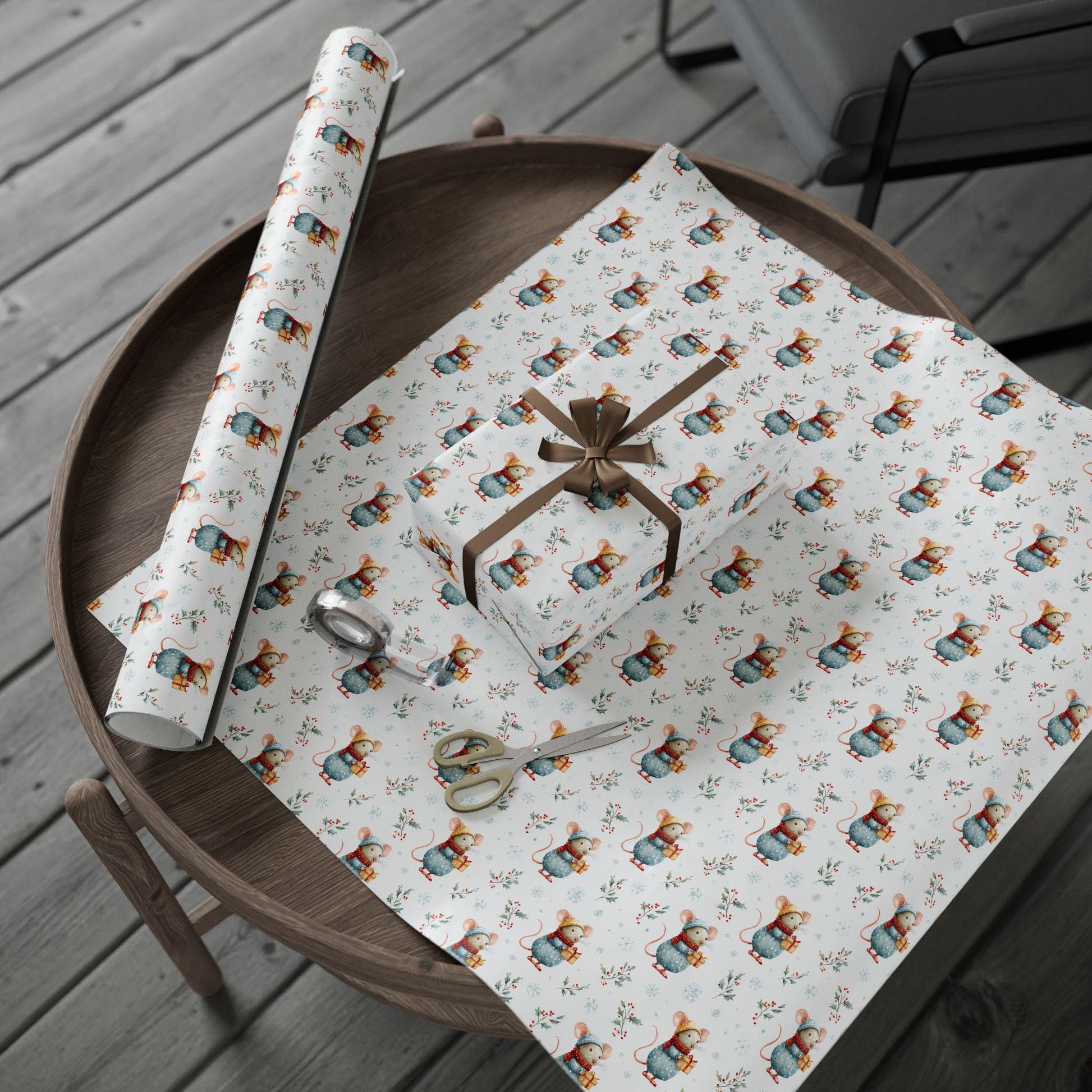 Cute Santa Mouse Wrapping Paper Christmas Mouse Gift Wrap Watercolor Winter Baby Shower Wrapping Paper Roll Christmas Children Wrapping - LAUMIANstudio