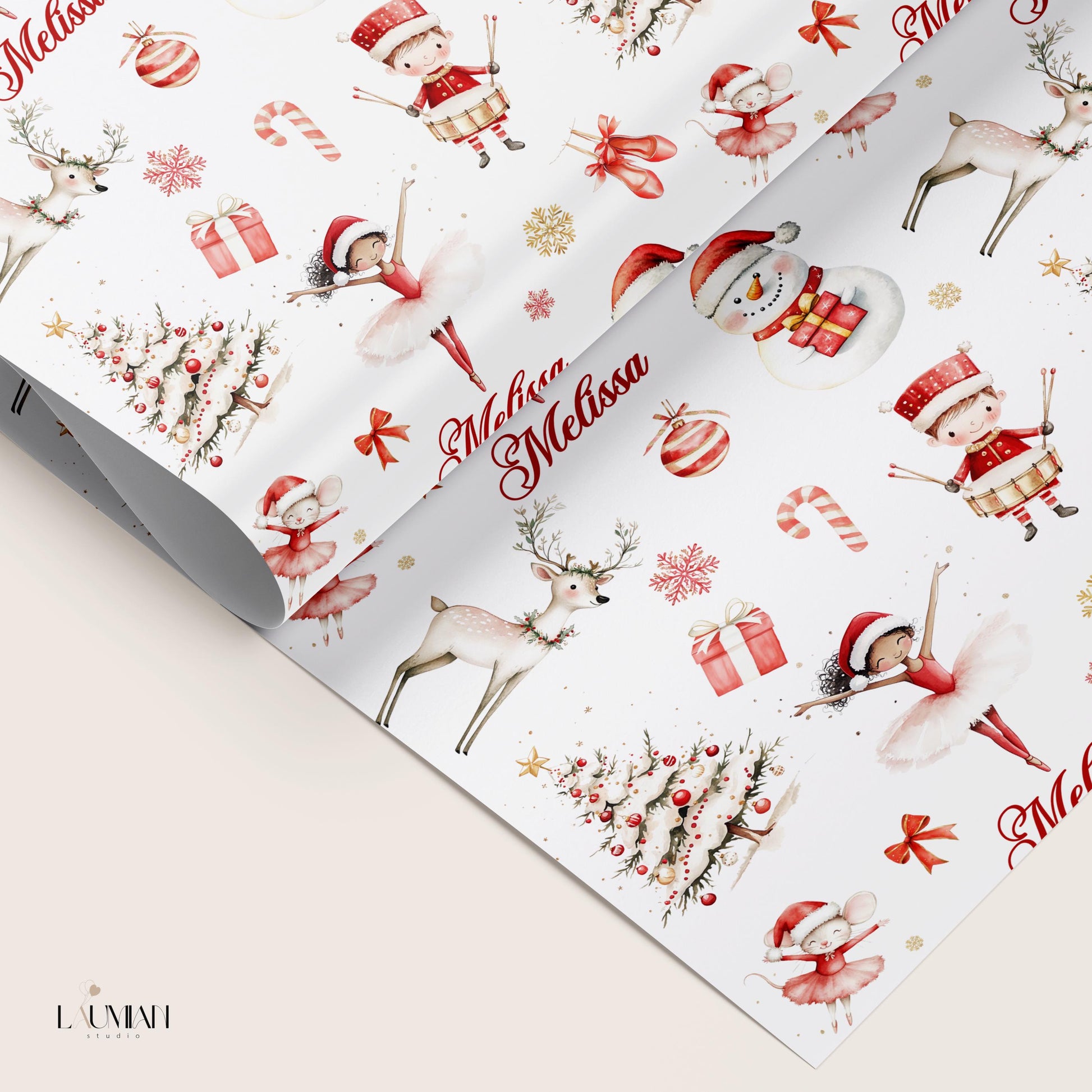 Festive Ballerina Wrapping Paper Children Red Christmas Gift Wrap Personalized Red Ballerina Gift Wrap Christmas Birthday Custom Wrap Girl - LAUMIANstudio