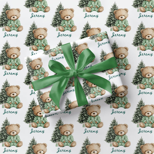 Personalized Teddy Wrapping Paper Green Teddy Bear Gift Wrap 1st Christmas Wrapping Paper Roll Boy First Christmas Gift Wrap 1st Birthday - LAUMIANstudio
