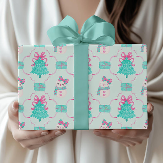 Preppy Mint Christmas Gift Wrap Pink Mint Christmas Tree Wrapping Paper for Girl Holiday Gift Wrap Coquette Bow Festive Gift Wrap Snowman - LAUMIANstudio