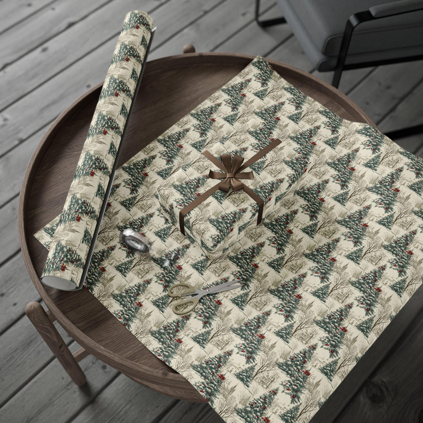 Vintage Christmas Tree Gift Wrap Toile Vintage Gift Wrap Elegant Red Bow Wrapping Paper Roll Personalizable Holiday Present Wrapping Paper - LAUMIANstudio