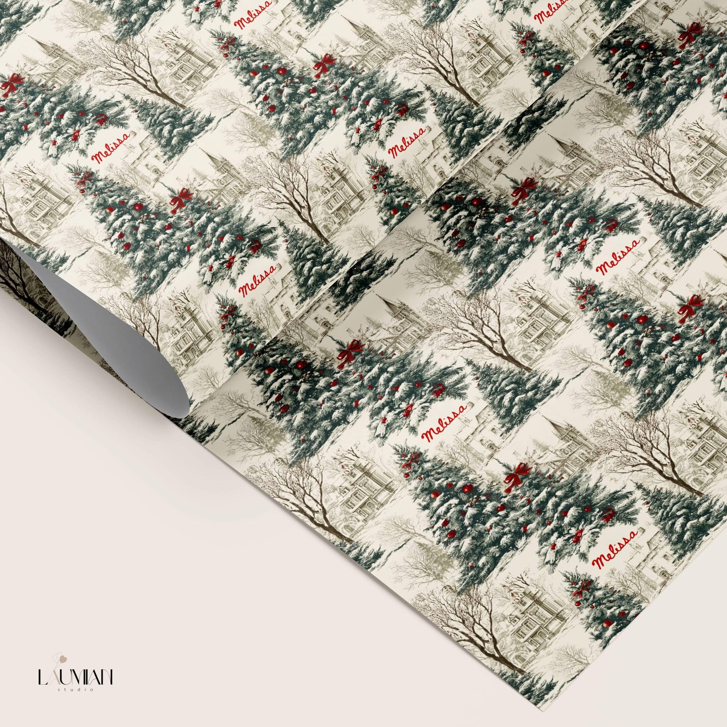 Vintage Christmas Tree Gift Wrap Toile Vintage Gift Wrap Elegant Red Bow Wrapping Paper Roll Personalizable Holiday Present Wrapping Paper - LAUMIANstudio