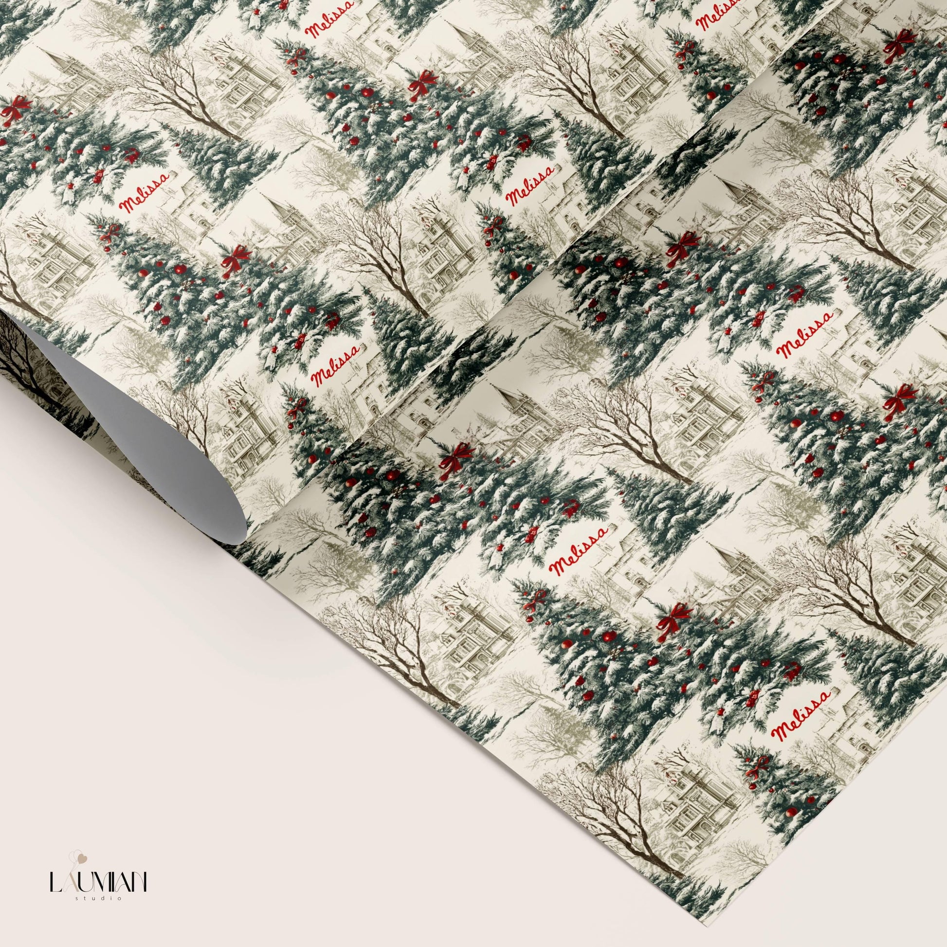 Vintage Christmas Tree Gift Wrap Toile Vintage Gift Wrap Elegant Red Bow Wrapping Paper Roll Personalizable Holiday Present Wrapping Paper - LAUMIANstudio