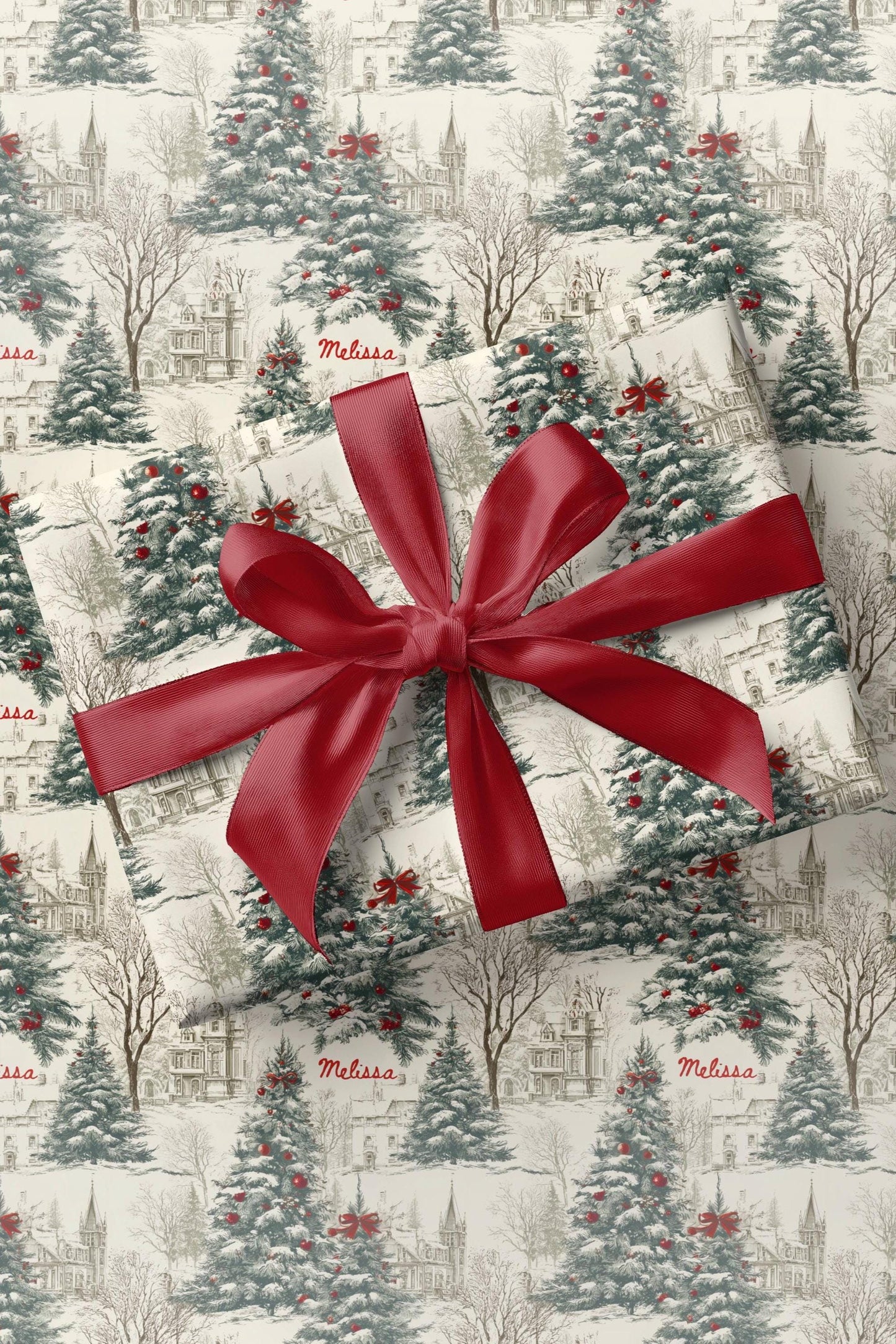 Vintage Christmas Tree Gift Wrap Toile Vintage Gift Wrap Elegant Red Bow Wrapping Paper Roll Personalizable Holiday Present Wrapping Paper - LAUMIANstudio