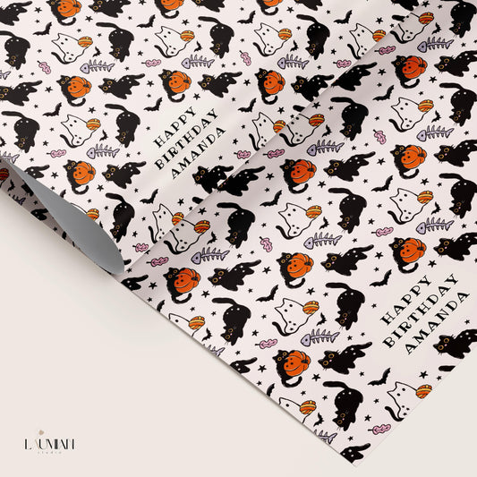 Halloween Cat Wrapping Paper Fall Birthday Cat Lover Gift Wrap Personalized Pumpkin Wrapping Paper Spooky Cat Birthday Paper Roll Cat Boo - LAUMIANstudio