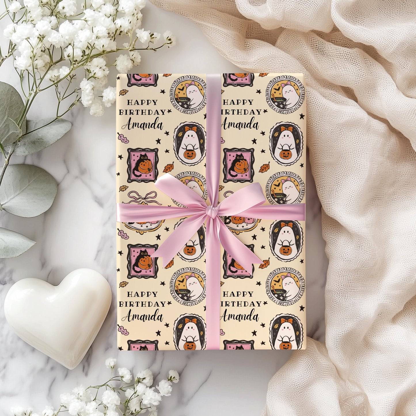 Custom Cute Boo Wrapping Paper Little Boo is One Birthday Gift Wrap Baby Girl Boo is Two Wrapping Paper Roll Autumn First Birthday Gift Wrap - LAUMIANstudio