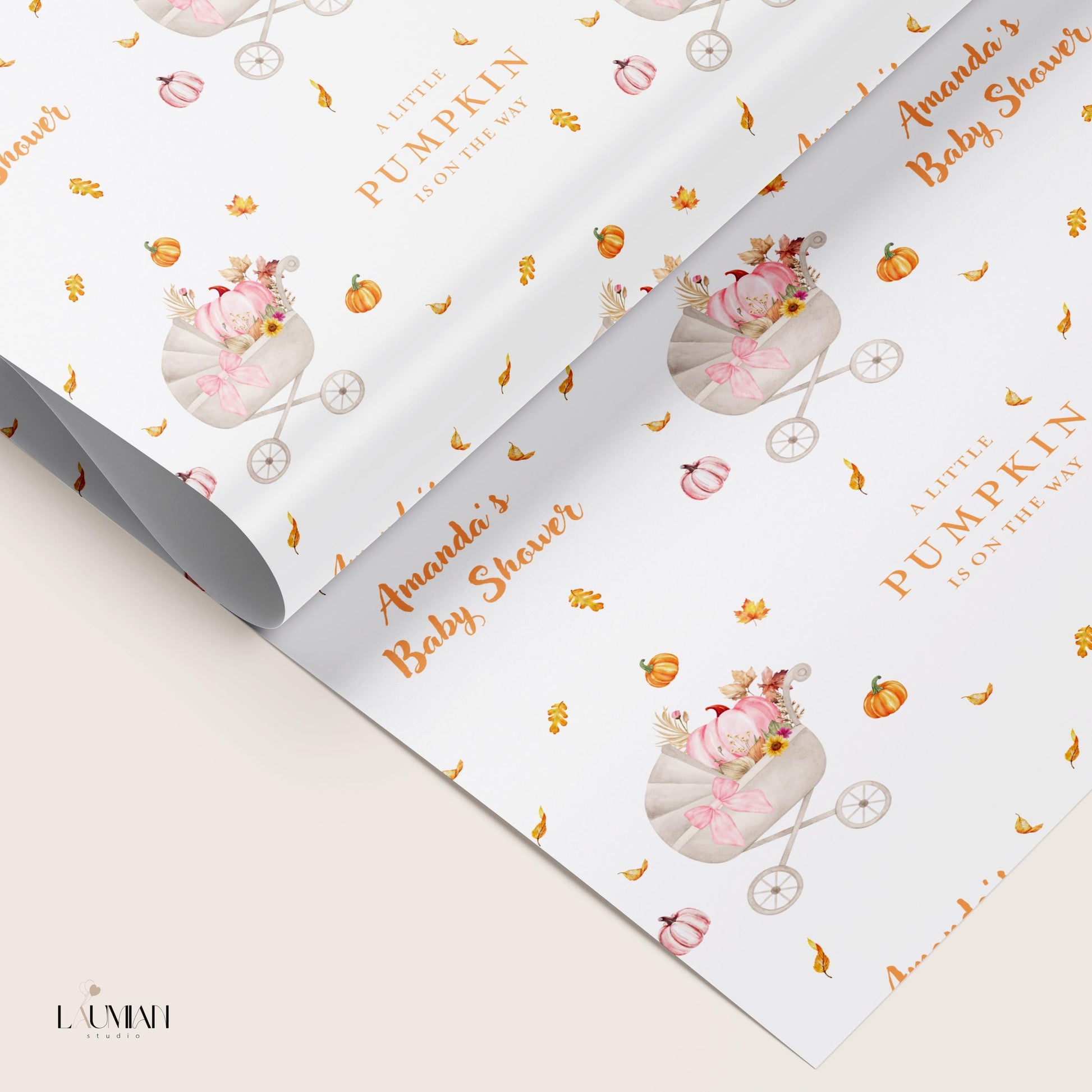Little Pumpkin Is On The Way Wrapping Paper Autumn Baby Shower Gift Wrap Cute Pumpkin Stroller Baby Sprinkle Paper Fall Baby Shower Decor - LAUMIANstudio